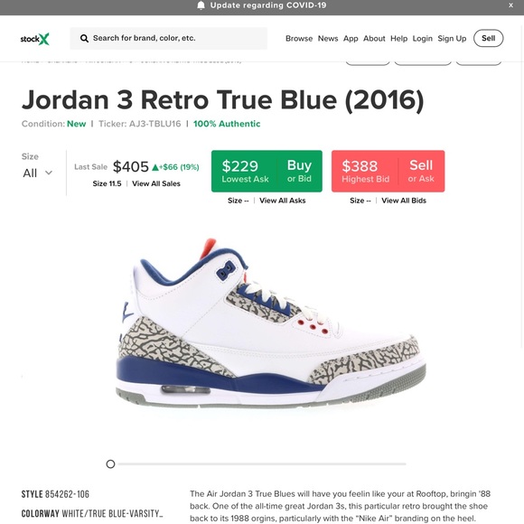 AIR JORDAN 3 RETRO OG 'TRUE BLUE' 2016 - Picture 5 of 5
